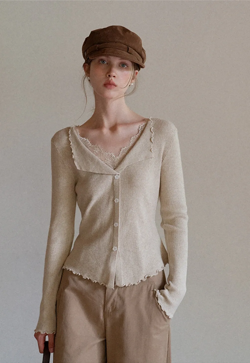 Lace Trim Ribbed Knit Top