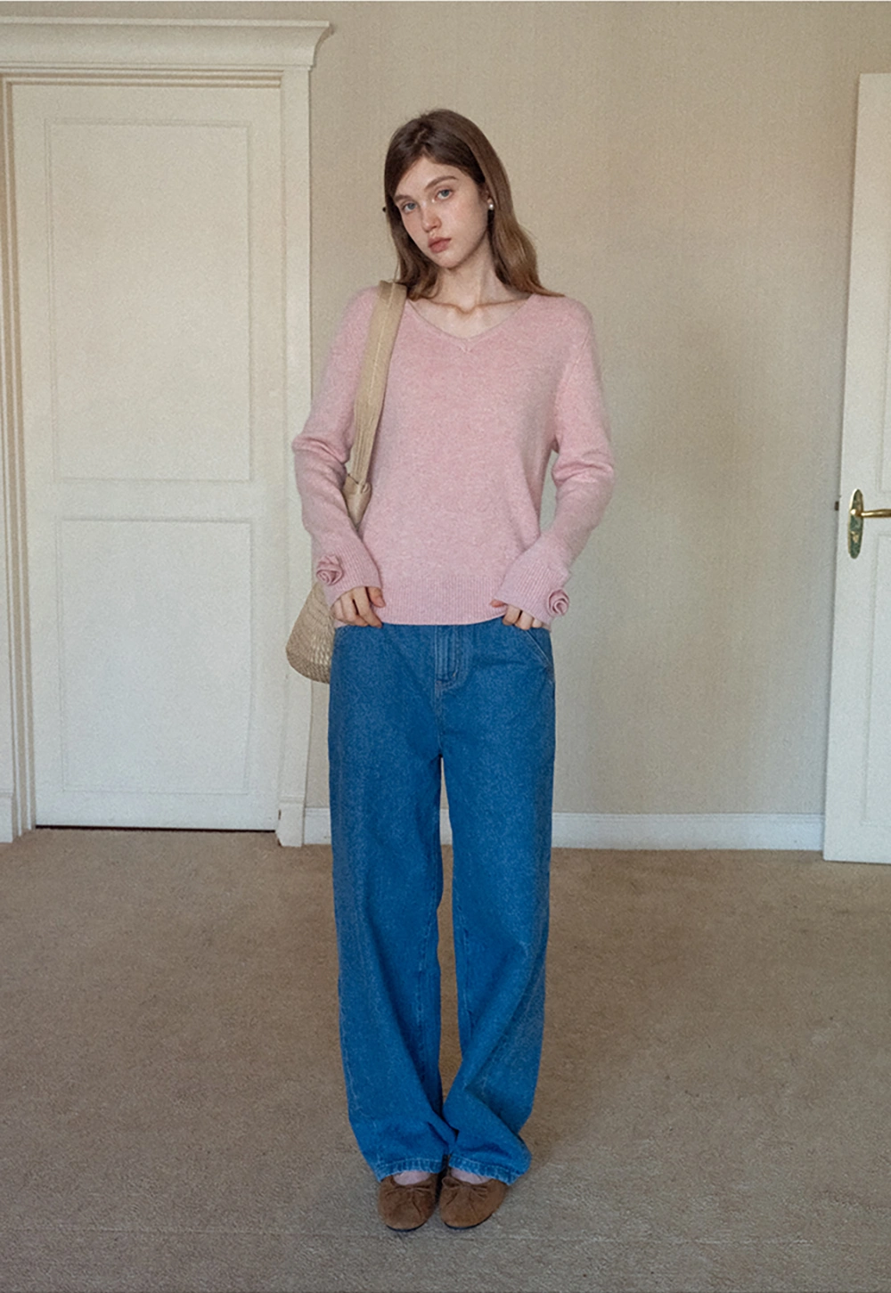 Women V-Neck Knit Sweater with Bow Cuff Detail