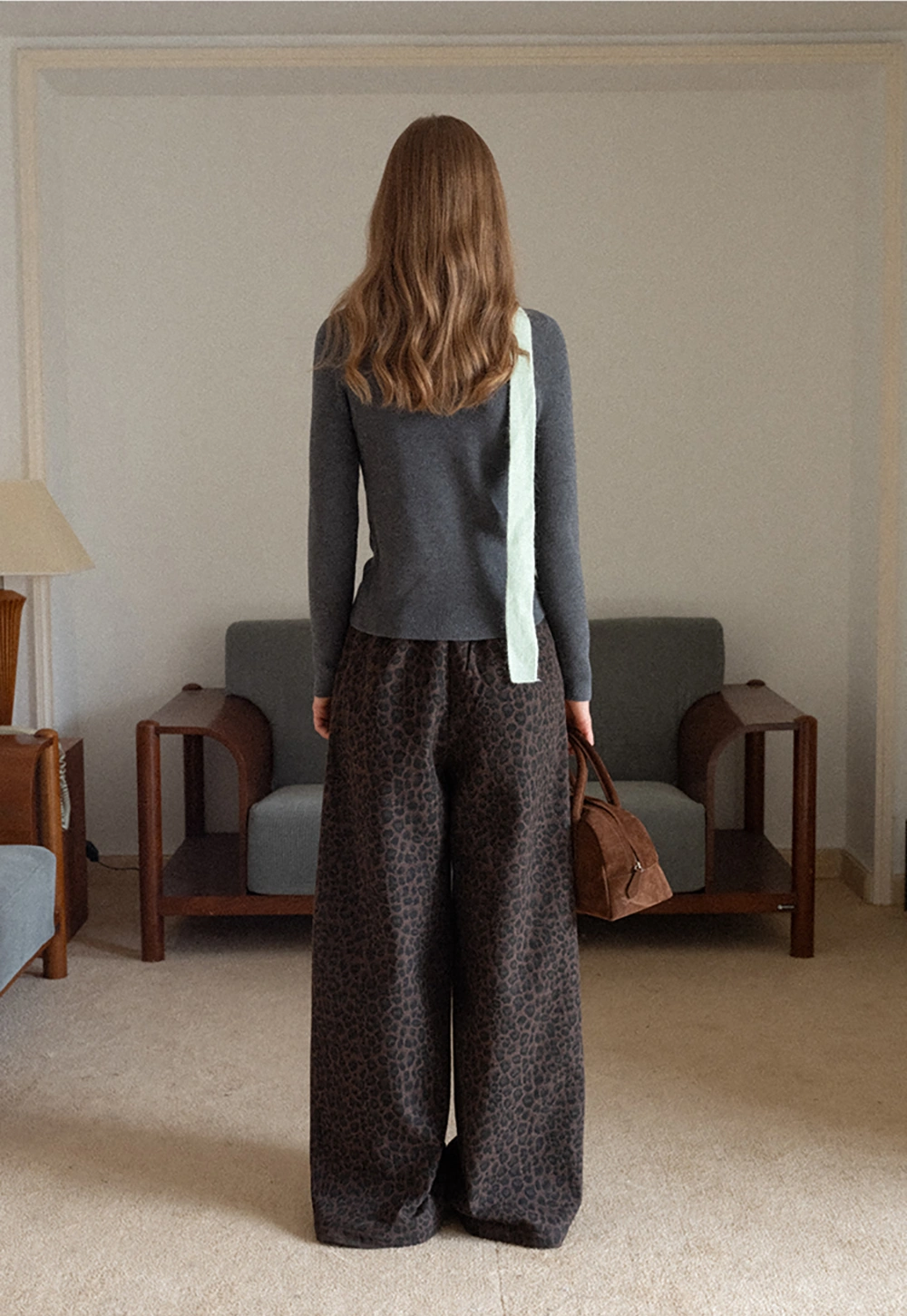 Women Leopard Print Wide-Leg Pants with Drawstring Waist