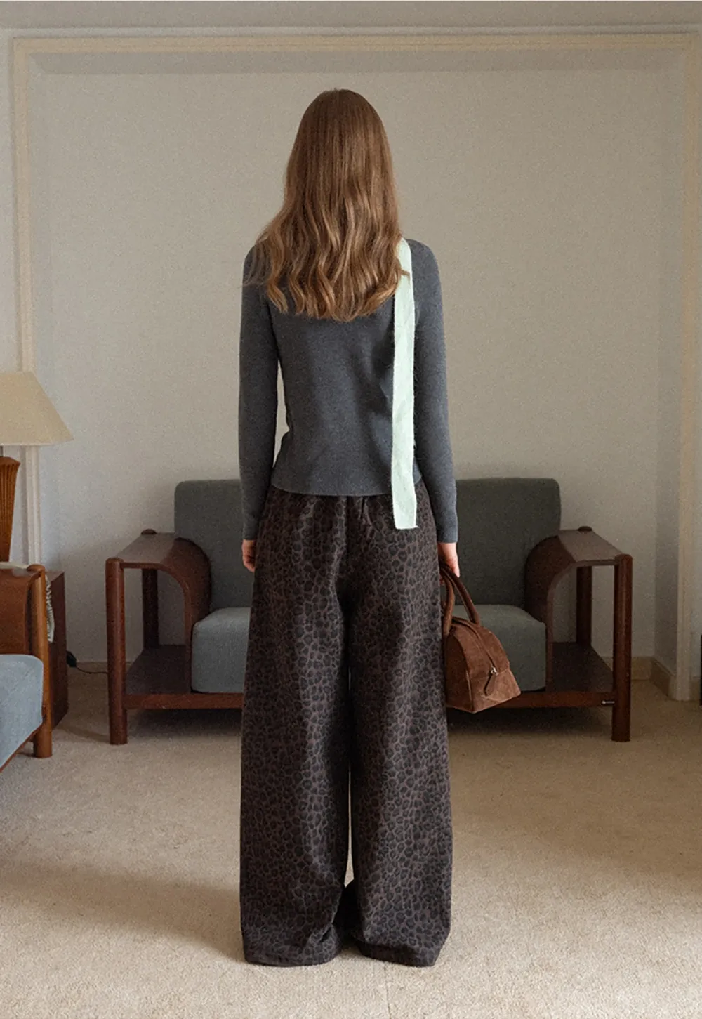 Women Leopard Print Wide-Leg Pants with Drawstring Waist