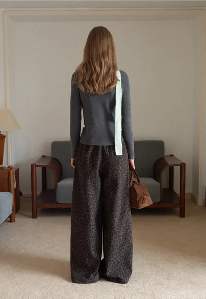 Women Leopard Print Wide-Leg Pants with Drawstring Waist