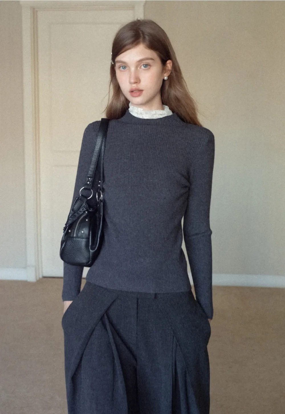 Womens Ribbed Mock Neck Top with Lace Buttons