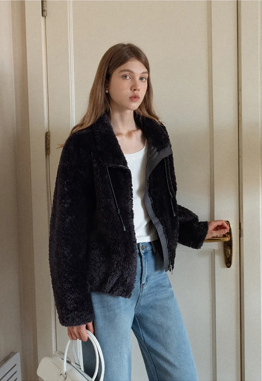 Womens Oversized Stand Collar Faux Leather and Sherpa Jacket