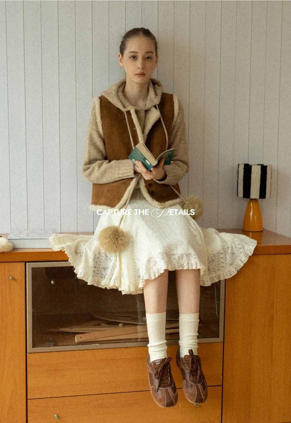 Women Brown Suede Shearling Vest with Warm Fleece Lining