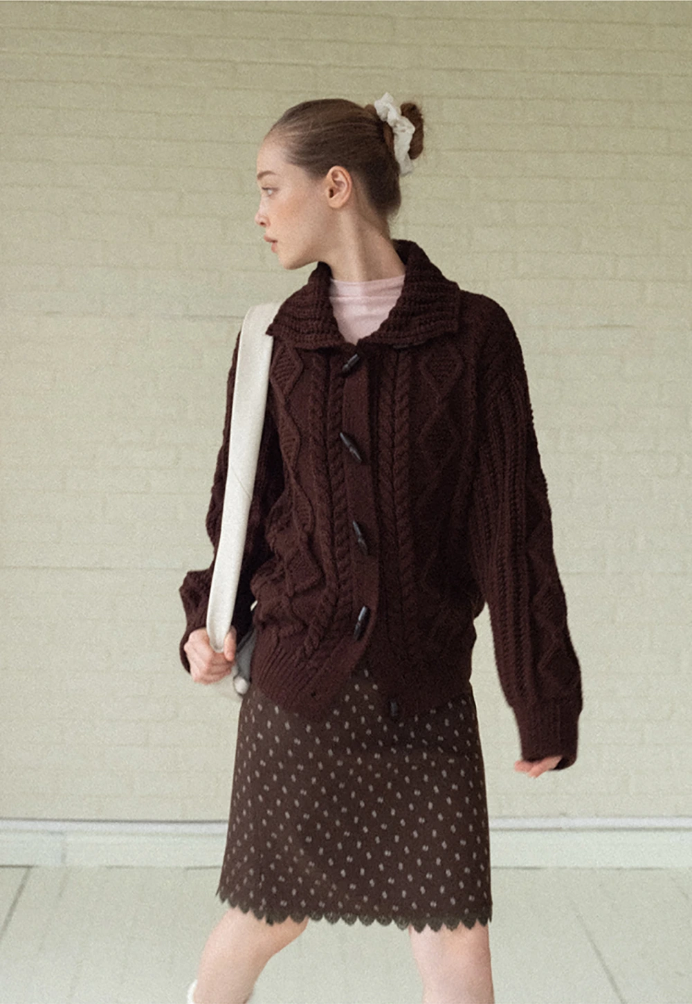 Loose Fit Turtleneck Sweater Cardigan with Cable Knit and Toggle Closure