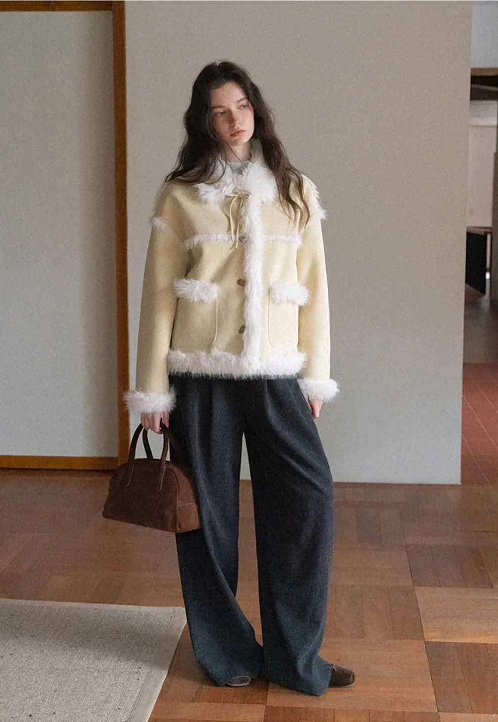 Faux Suede Jacket with Faux Fur Trim