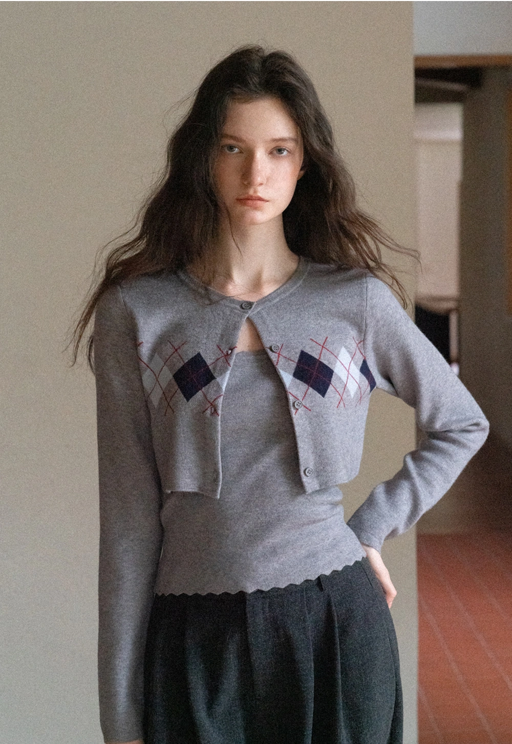 Women Red Tank Top and Argyle Cardigan Set