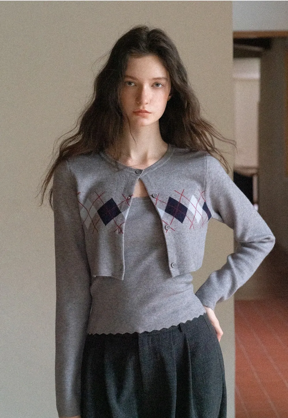 Women Red Tank Top and Argyle Cardigan Set