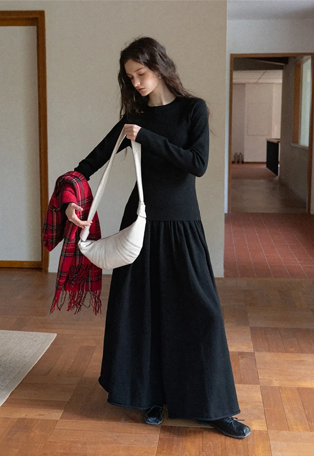 Women Black Long Sleeve Top and High-Waisted Skirt Set