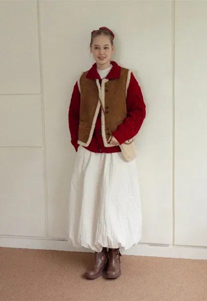 Elastic Waist Textured Puff Midi Skirt