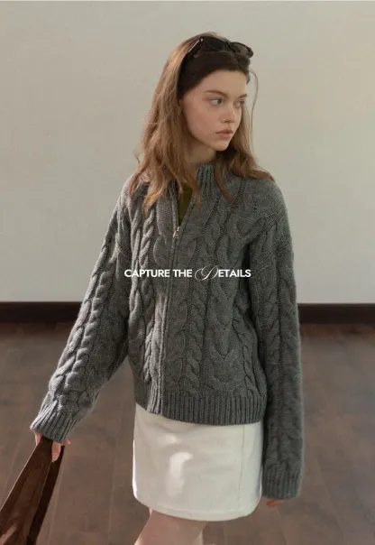 Stand-Collar Cable Zip Sweater