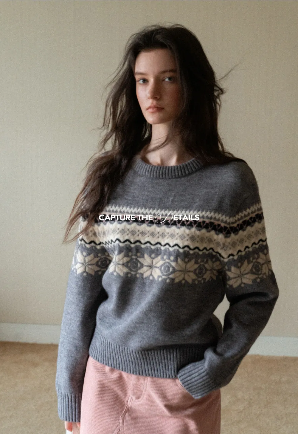 Gray Knit Sweater with Fair Isle Pattern