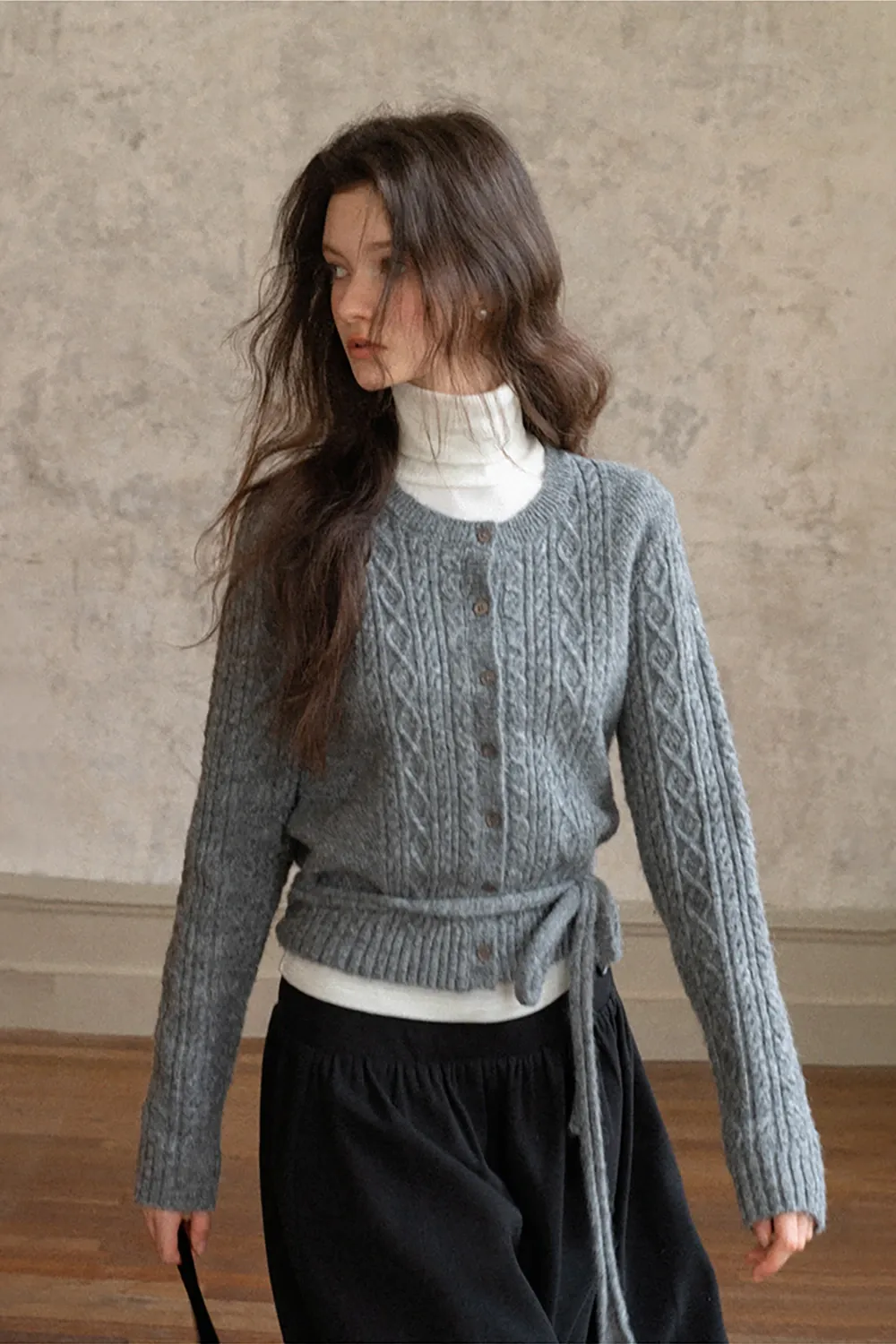 Cable Knit Cardigan with Tie-Front Detail