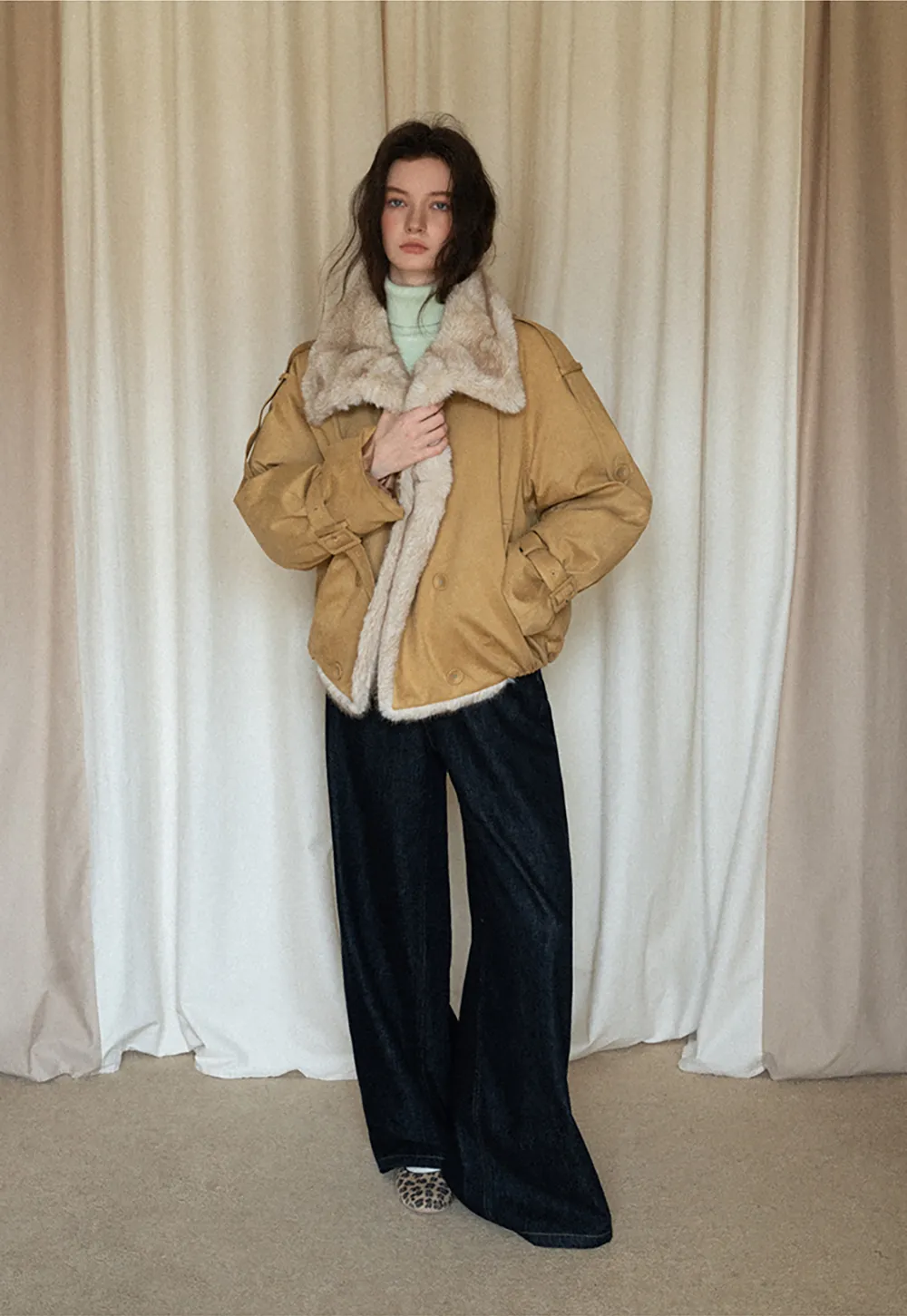 Double-Breasted Faux Shearling Jacket