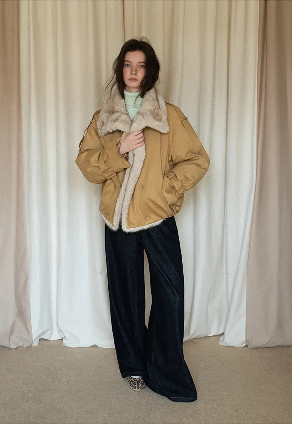 Double-Breasted Faux Shearling Jacket