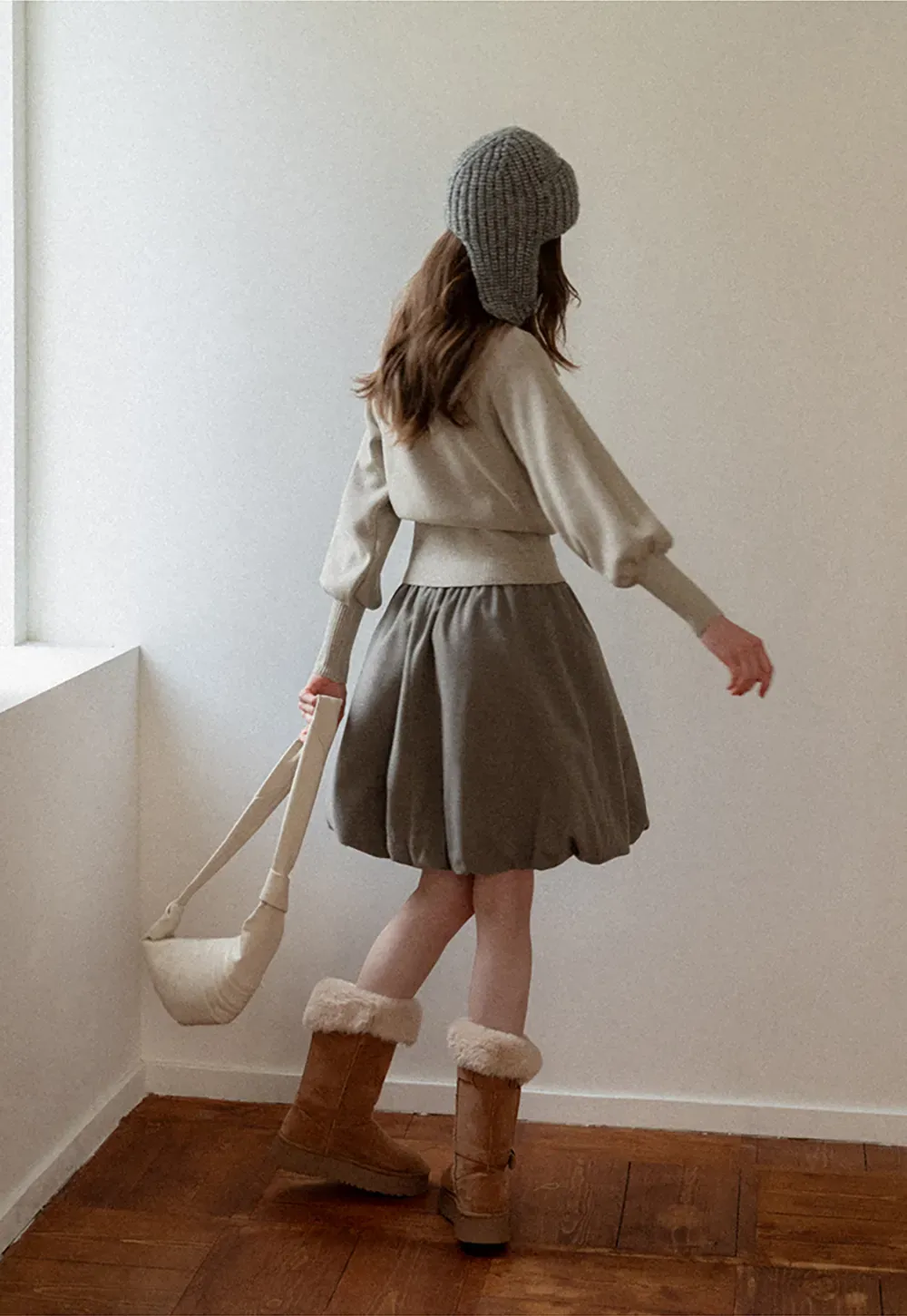 Ribbed High-Neck Sweater with Balloon Sleeves