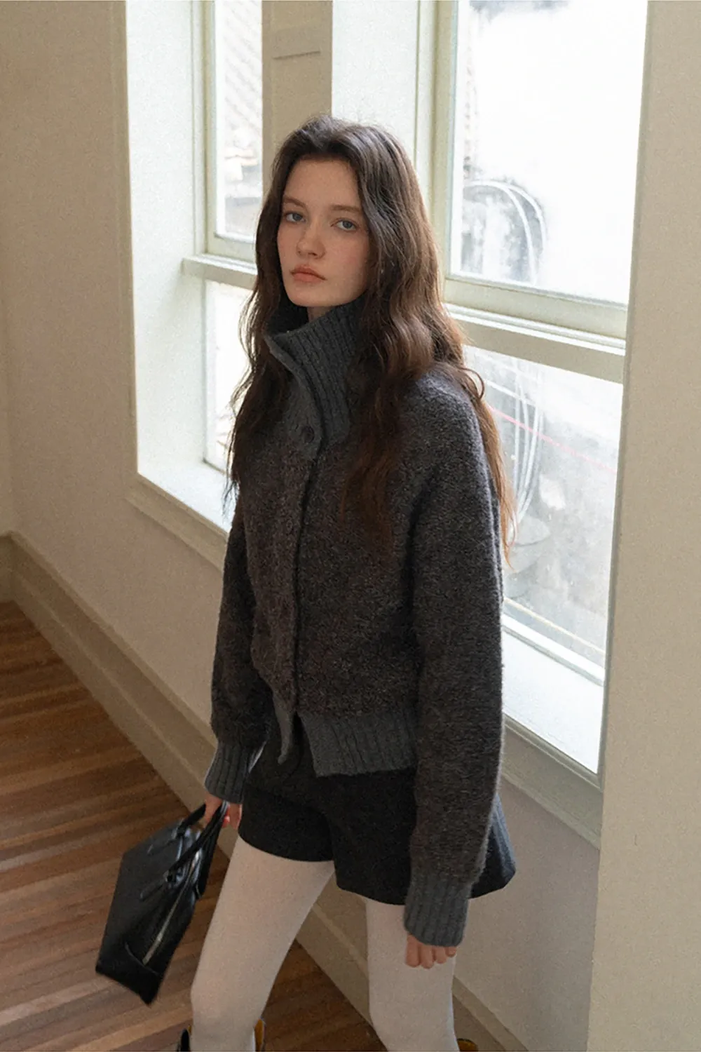 Single-Breasted High Neck Raglan Sweater