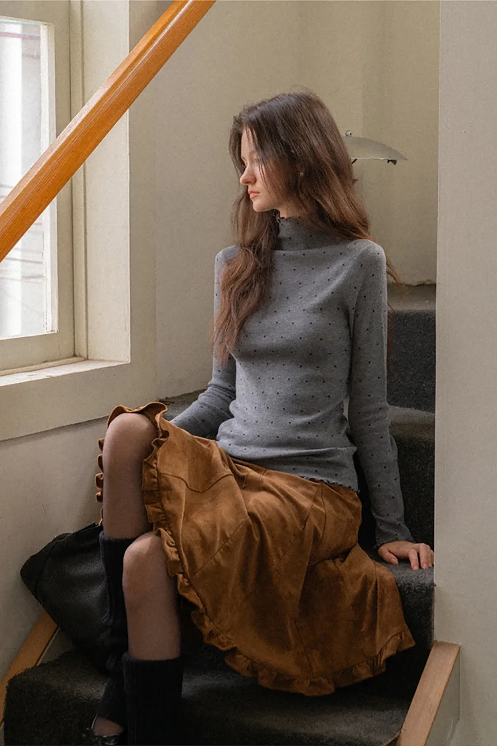 Polka Dot High Neck Ruffle Knit Top