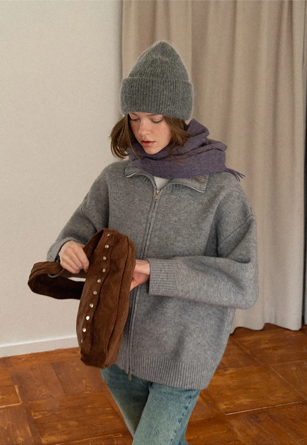 Women Grey Zip-Up Sweater with Ribbed Collar