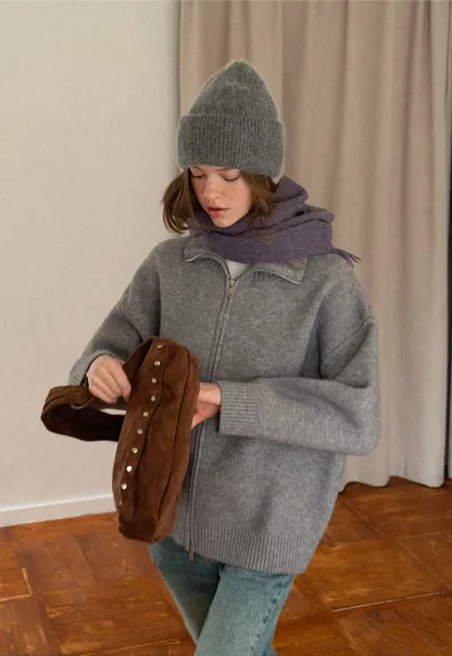 Women Grey Zip-Up Sweater with Ribbed Collar