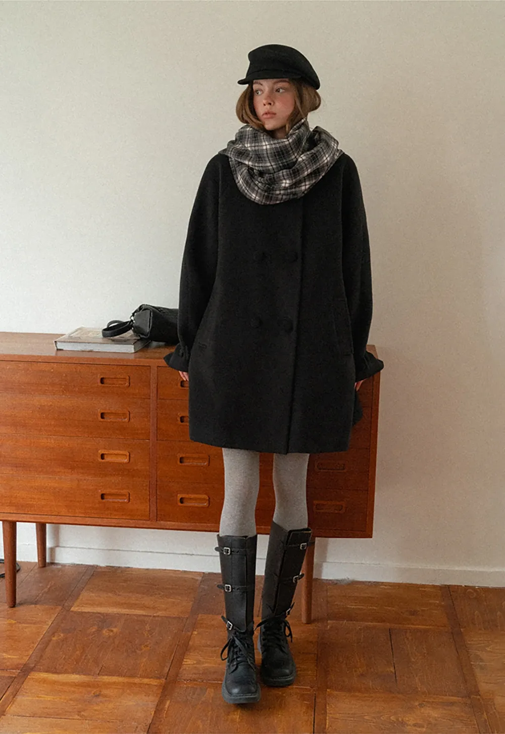 Women Black Wool Coat with Plaid Scarf Set