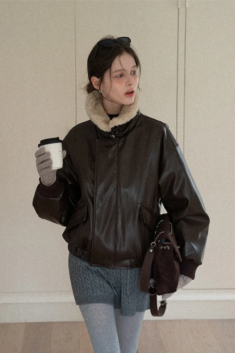 Faux Leather Bomber Jacket with Fur Collar