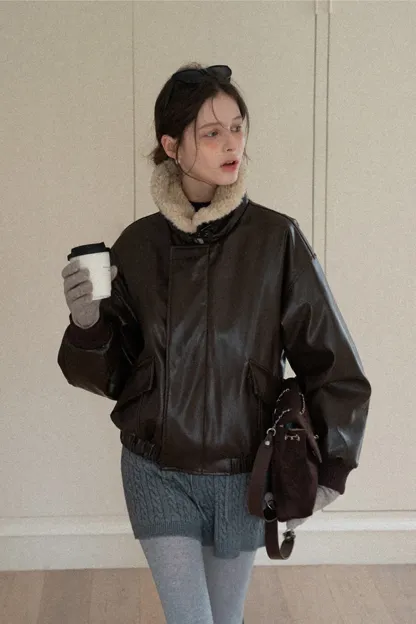 Faux Leather Bomber Jacket with Fur Collar