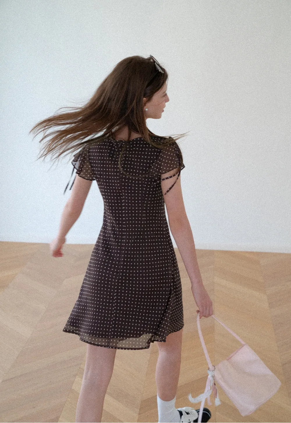 Polka Dot V Neck Tie Sleeve A Line Dress