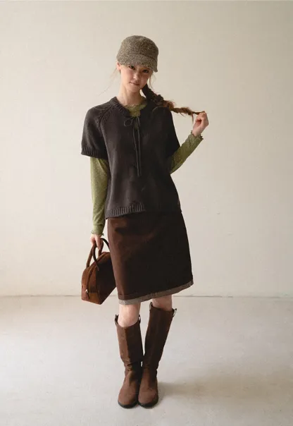 Rolled Hem Denim A-Line Skirt