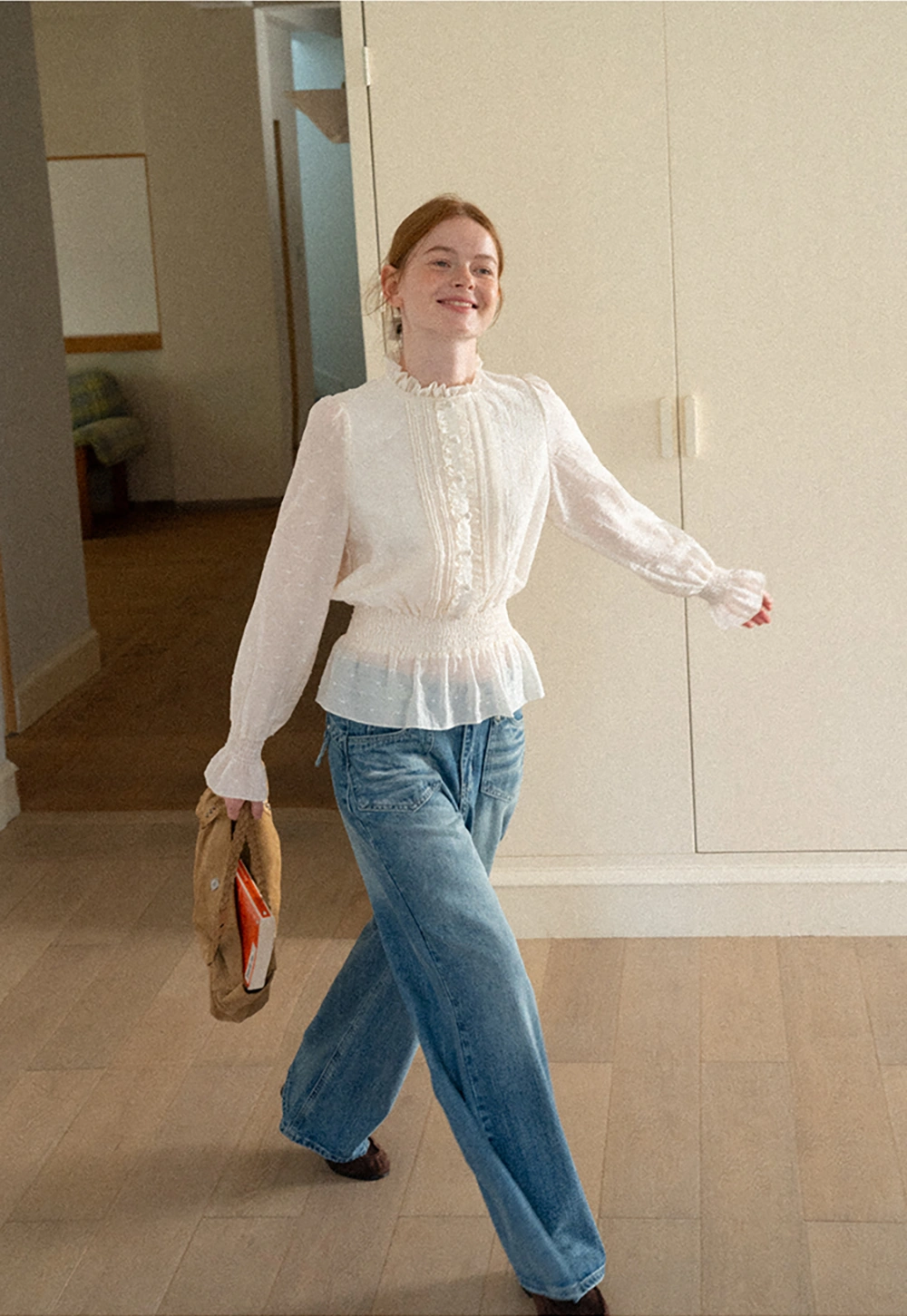Ruffled Collar Smocked Waist Blouse