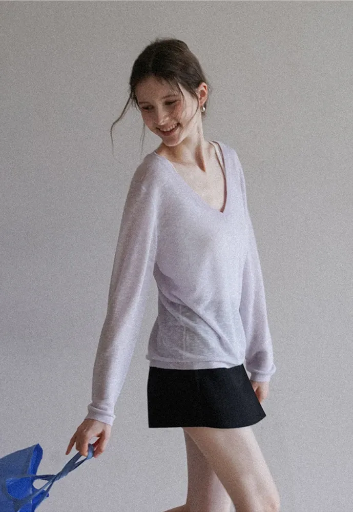 Women’s Sheer V-Neck Long-Sleeve Pullover