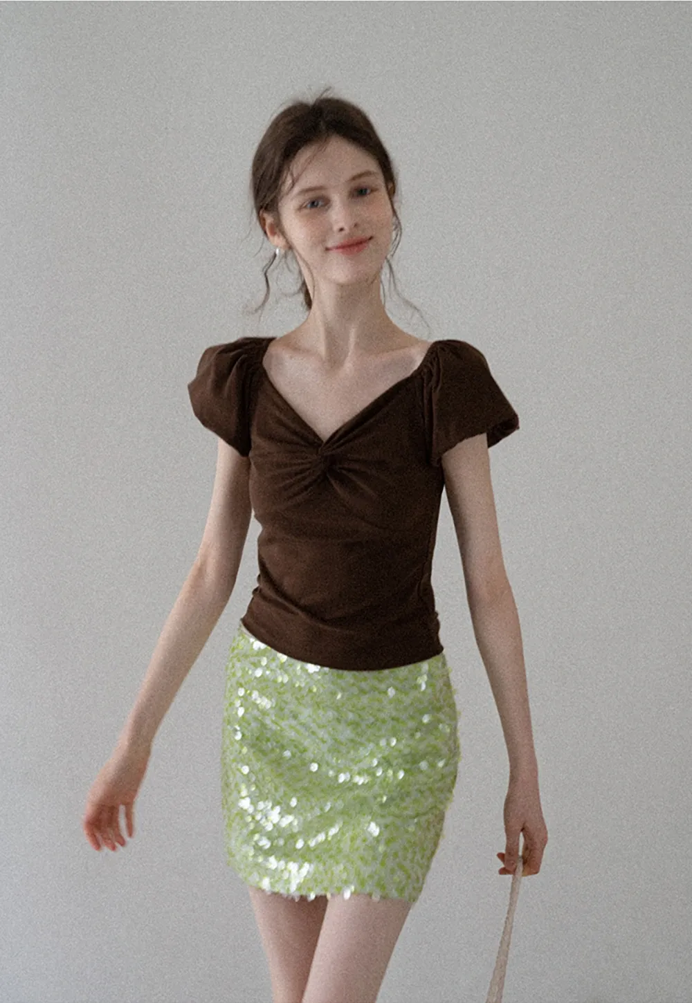 Sweetheart Twist Puff-Sleeve Knit Top