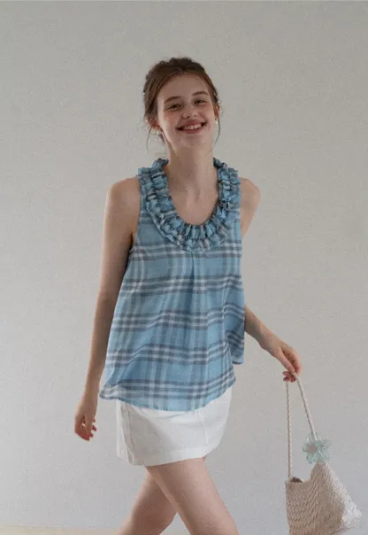 Women’s Ruffle Trim U-Neck Plaid Tank Top