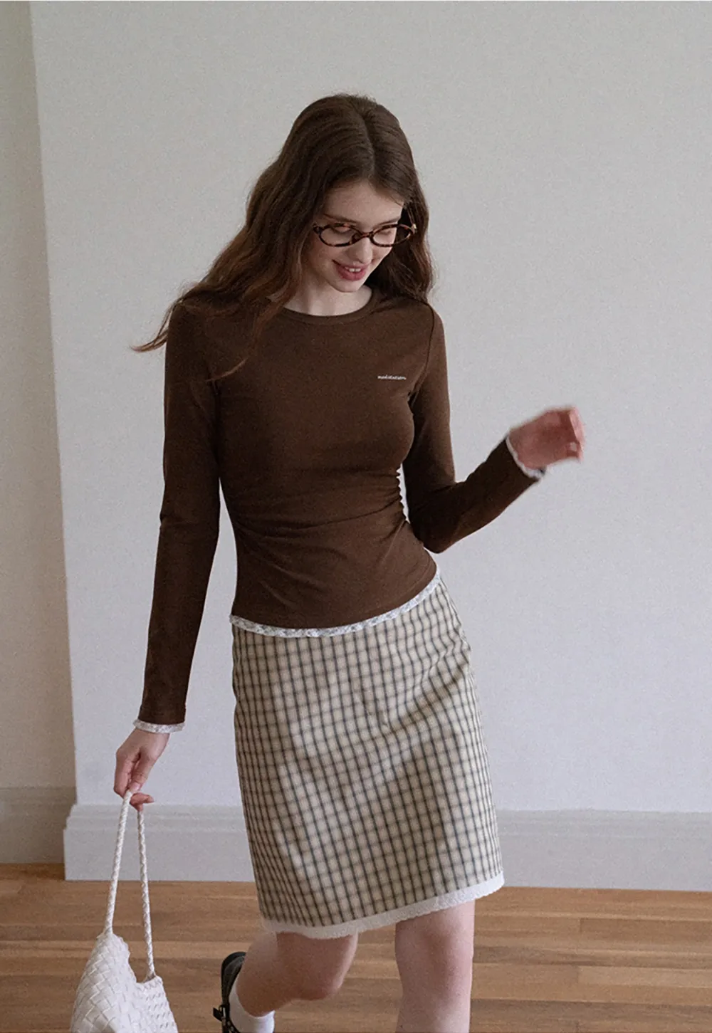 Women's Plaid A-Line Skirt with Lace Trim