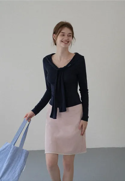 Off-shoulder Tie-detail Long Sleeve Knit Top