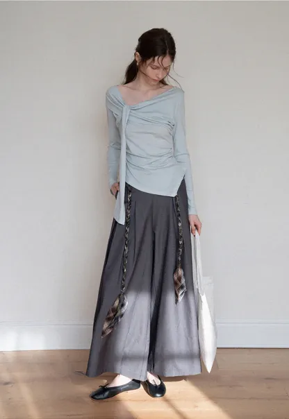 Women's Wide Leg Pleated Pants with Braided Ties