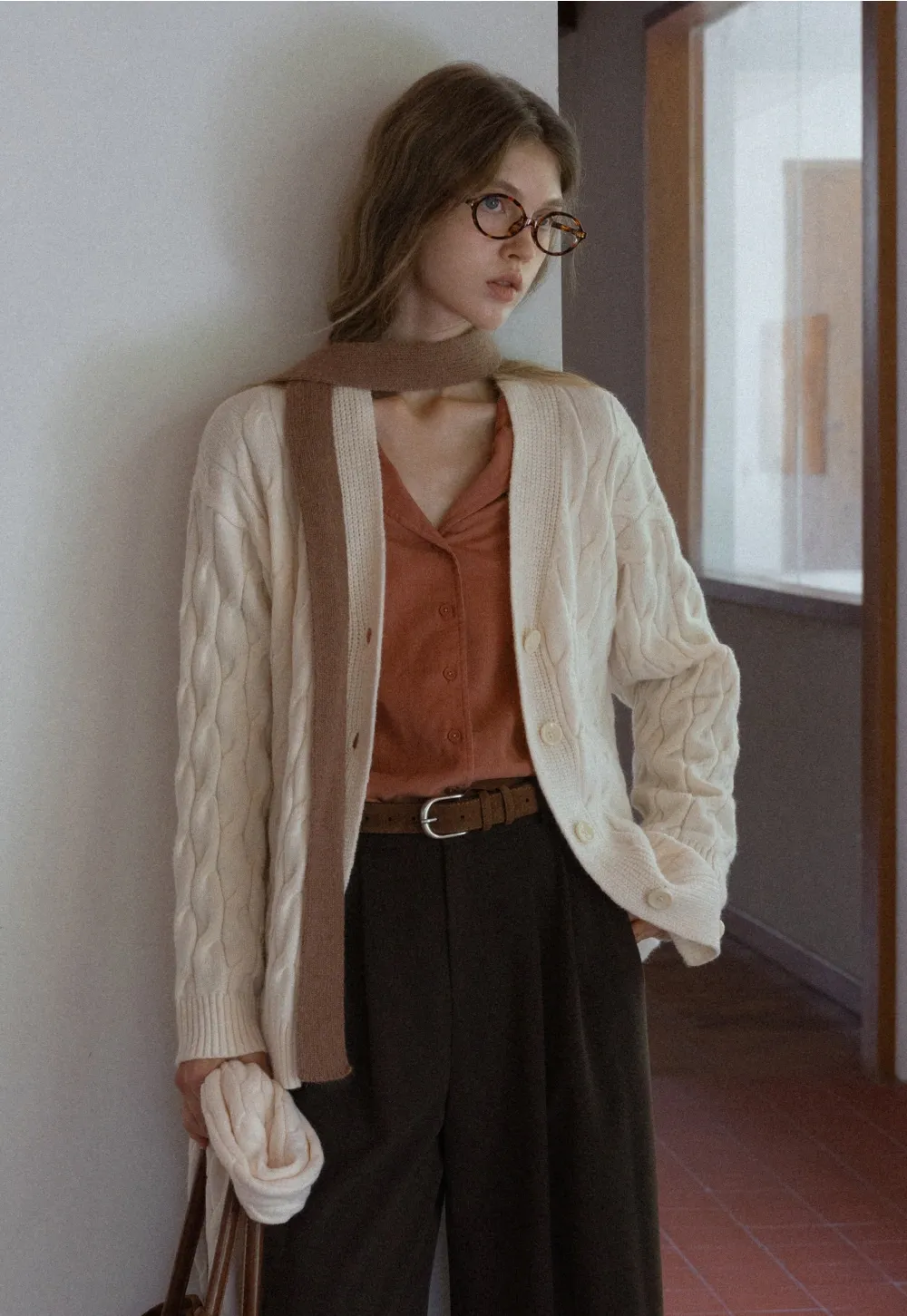 Womens Cable Knit Cardigan Sweater with Matching Scarf