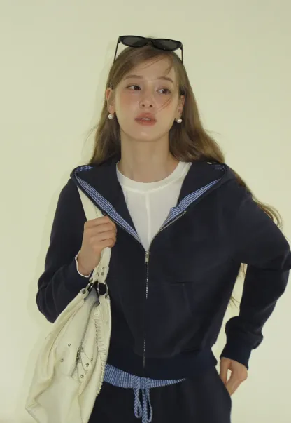 Navy Casual Hoodie and Wide Leg Pants Set