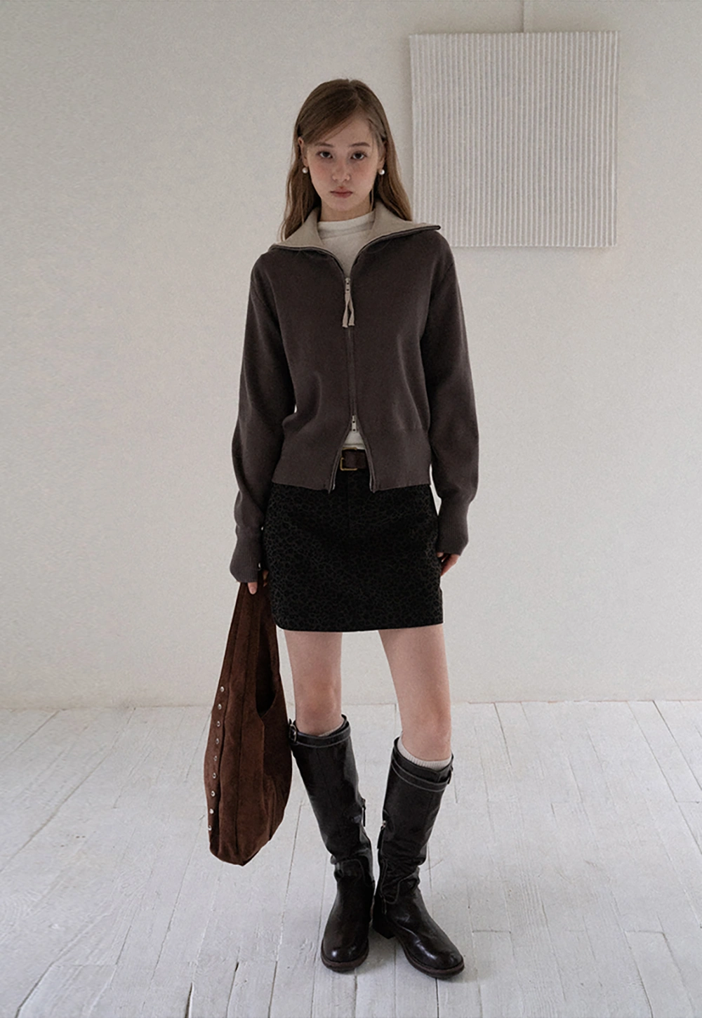 Women’s Zip-Up Knit Cardigan with High Collar