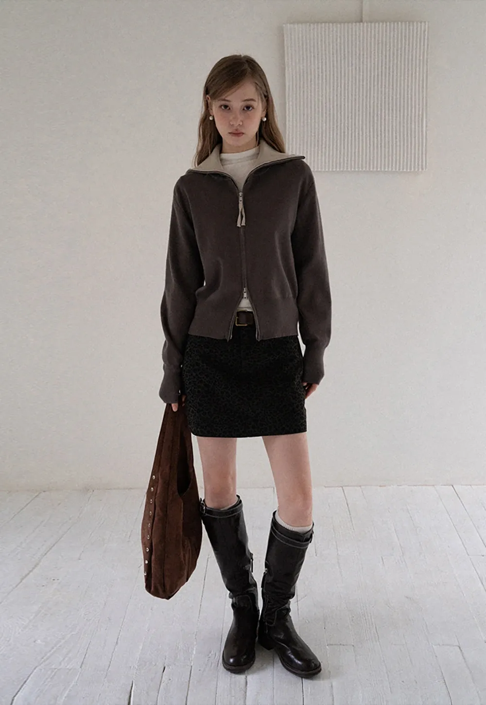 Women’s Zip-Up Knit Cardigan with High Collar