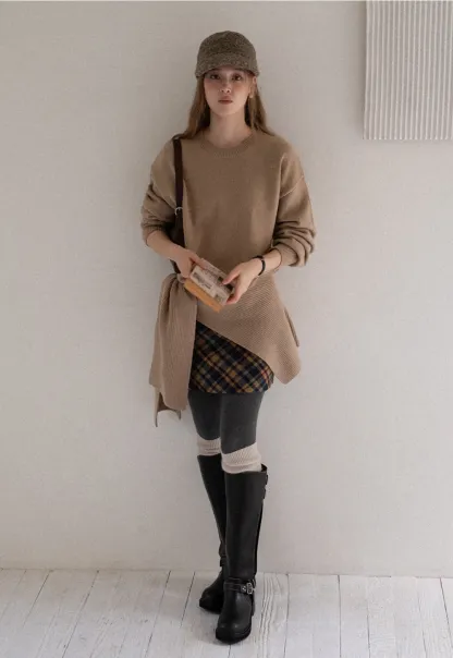 Women Faux Layered Sweater with Scarf Collar