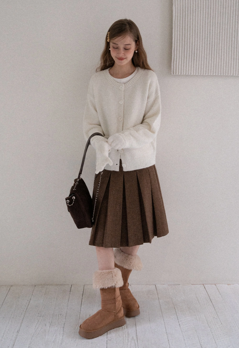 Women Basic Cream Knit Cardigan Casual Warm Sweater