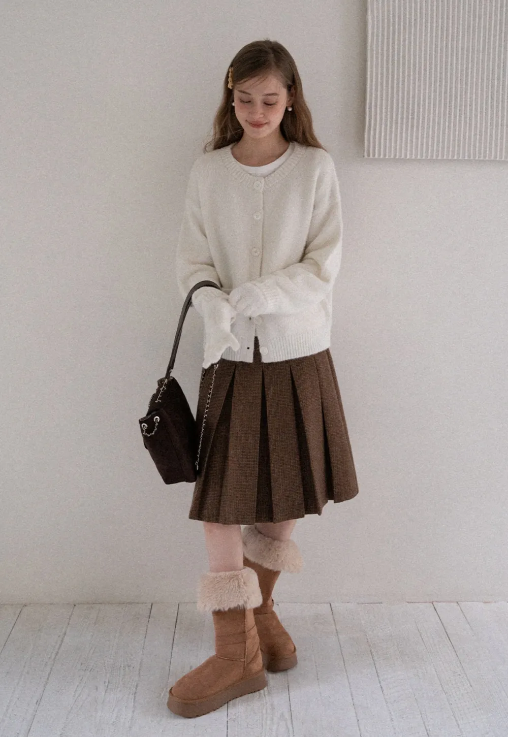 Women Basic Cream Knit Cardigan Casual Warm Sweater