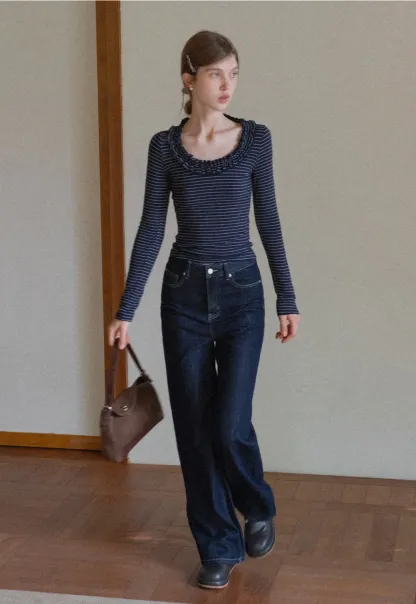 Women Striped Long Sleeve Tee with Ruffled Neckline