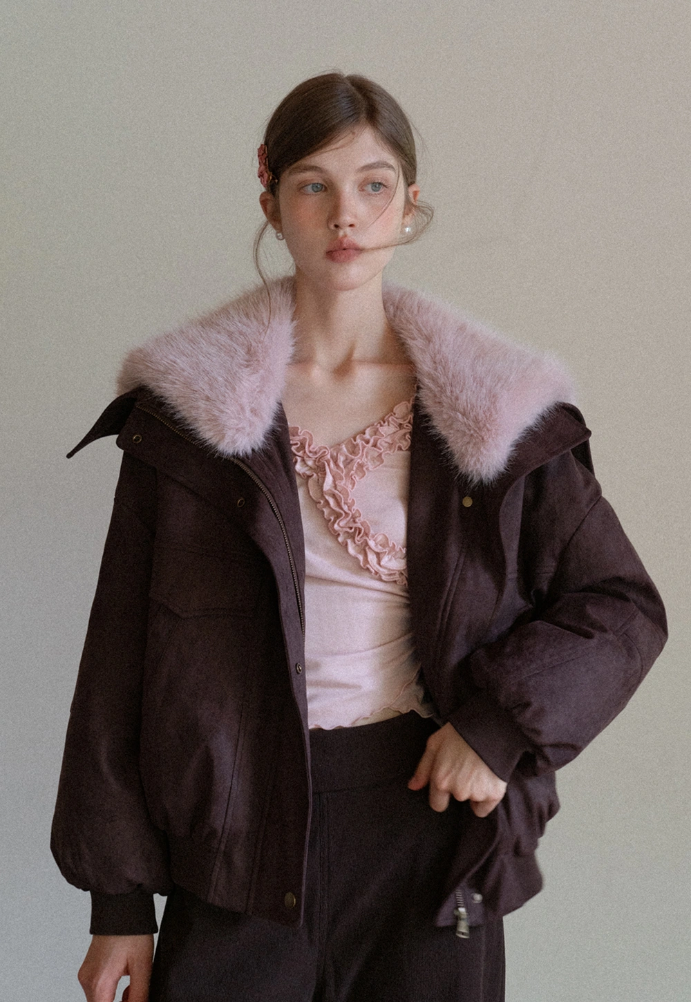 Women Fuzzy Collar Suede Jacket Warm Outerwear