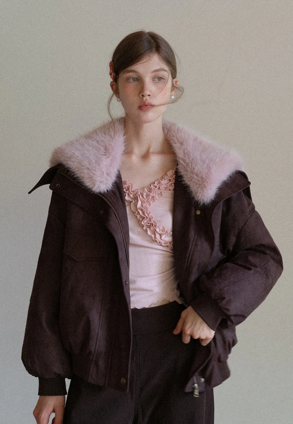 Women Fuzzy Collar Suede Jacket Warm Outerwear