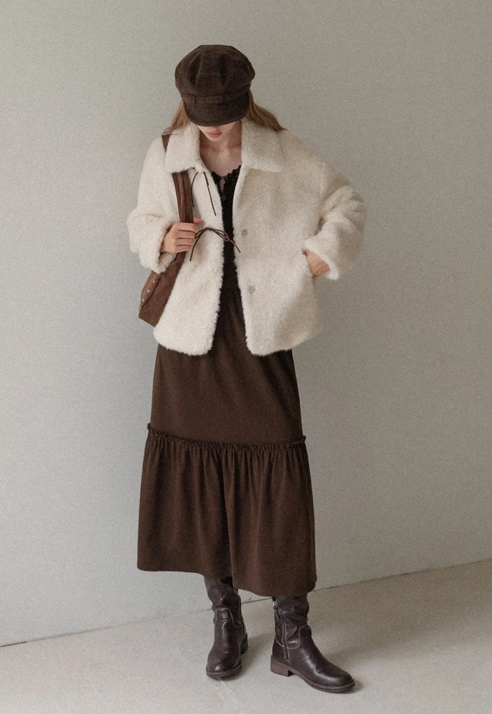 Women Long Sleeve Ruffle Neck Vintage Maxi Dress