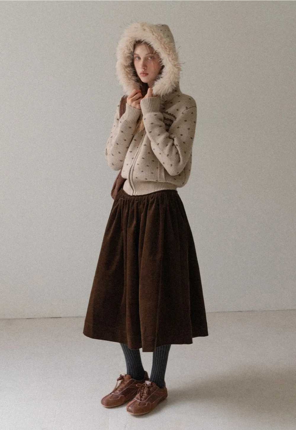 Vintage Knit Hooded Cardigan Women Faux Fur Coat