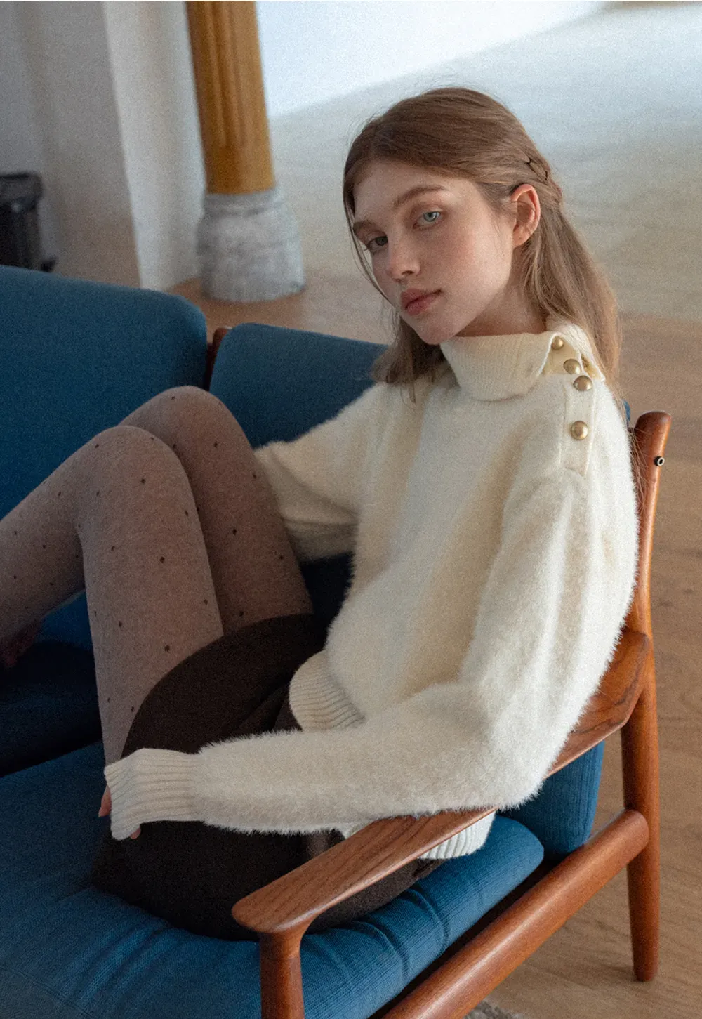 Button Shoulder Turtleneck Sweater