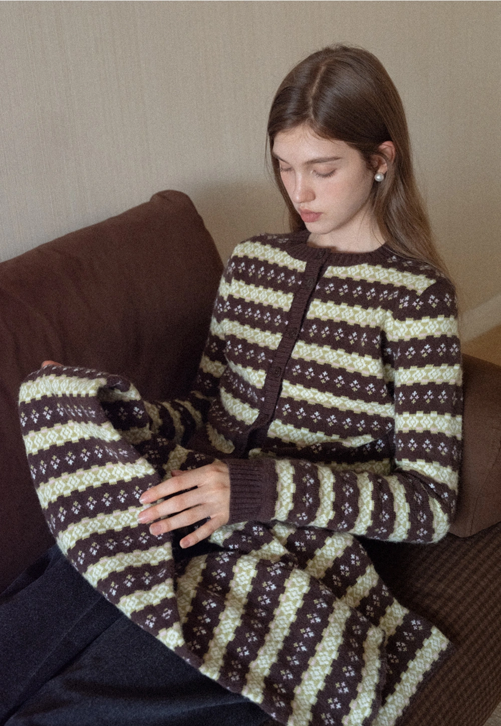 Women Warm Knit Cardigan Set Vintage Striped Style